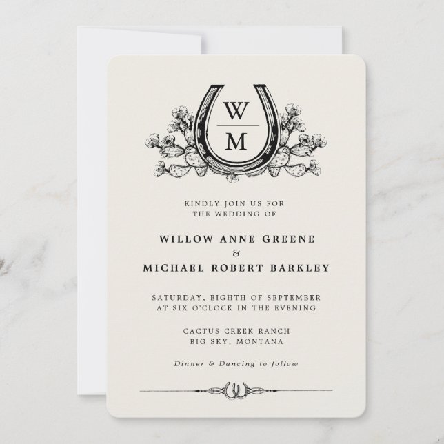 Horseshoe Cactus Westernare Land Boho Bröllop Inbjudningar (Framsida)