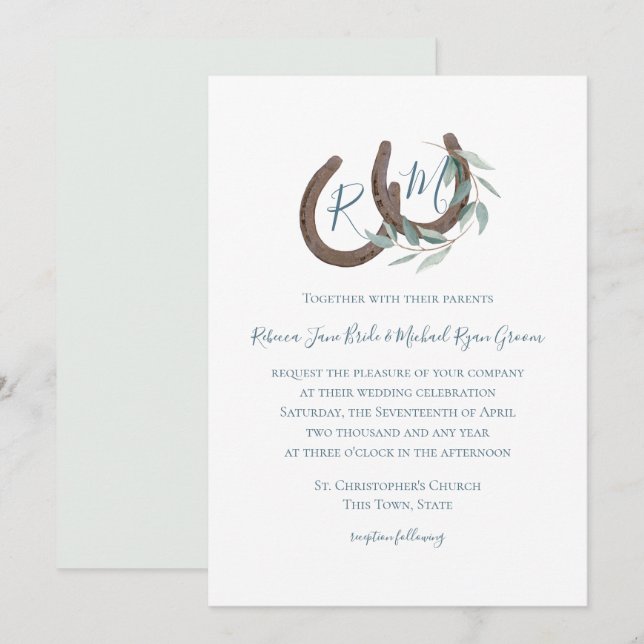 Horseshoe Monogram Sage Botanical Watercolor Inbjudningar (Fram/baksida)