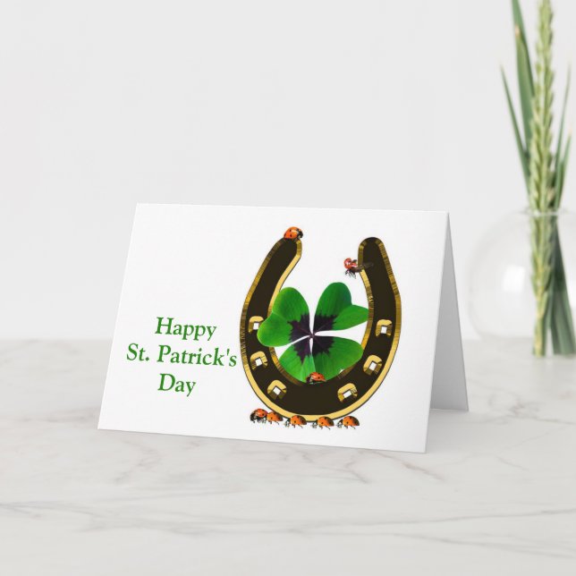Horseshoe Shamrock Ladybugs St. Patricks Day Helgkort (Framsida)