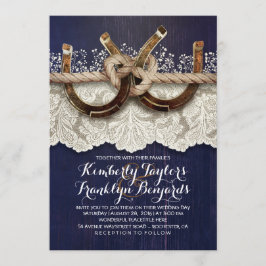 Horseshoes Snöre Wood Navy Rustic Bröllop Inbjudningar