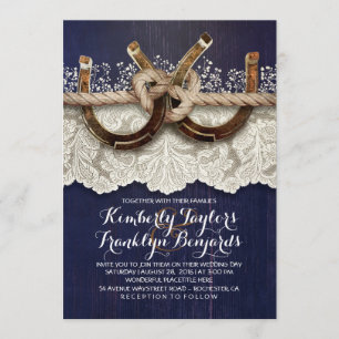 Horseshoes Snöre Wood Navy Rustic Bröllop Inbjudningar