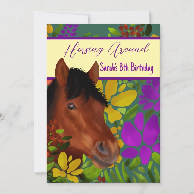 Horsing Around Flower Älskare Brown Horse Inbjudningar (Framsida)
