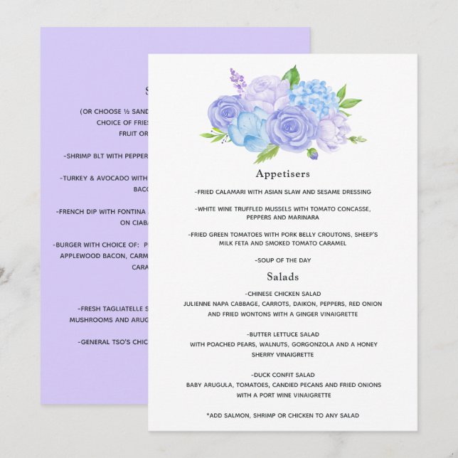 Hortensia Blå och Ljust Lavendel Bröllop Meny (Fram/baksida)