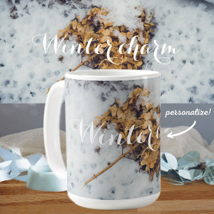 Hortensia-blomman på snö kaffemugg