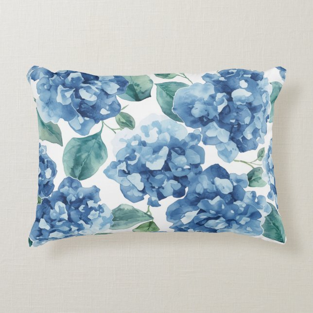Hortensia Blues | Akvarellblommor Blommönster Prydnadskudde (Framsidan)