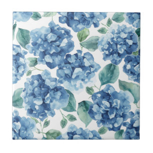Hortensia Blues   Vattenfärg Blommor Blommönster Kakelplatta