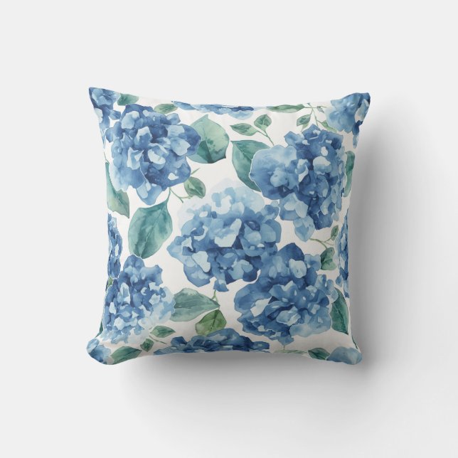 Hortensia Blues | Vattenfärg Blommor Blommönster Kudde (Framsida)