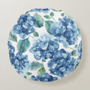 Hortensia Blues Vattenfärg Blommor Blommönster Rund Kudde