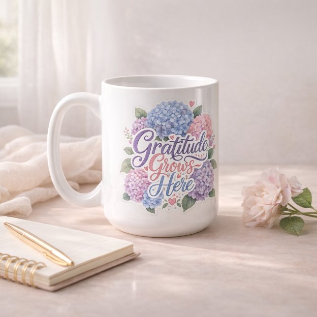 Hortensia: Tacksamhet Växer Här Kaffemugg (Hydrangea : Gratitude Grows Here Coffee Mug)