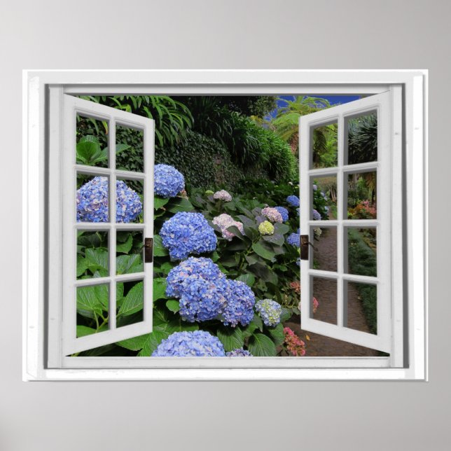 Hortensia Trädgårdsutsikt Falskt Fönster Poster (Framsidan)