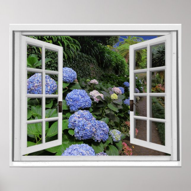 Hortensia Trädgårdsutsikt Falskt Fönster Poster (Framsidan)
