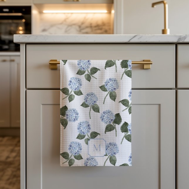Hortensia Vattenfärg Blå Blommor Kökshandduk (Hydrangea Bloom Blue Kitchen Towel)