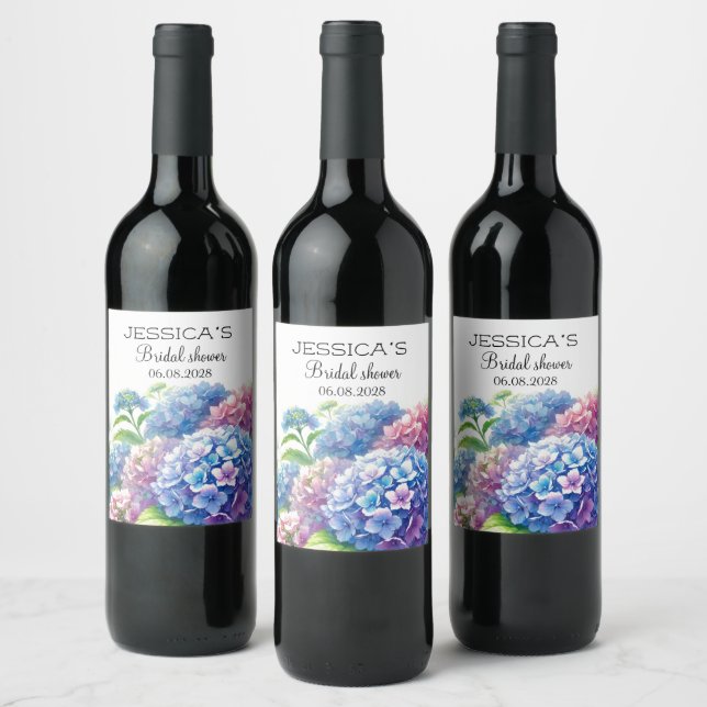 Hortensiablå blommor Bröllopsduschfest Vinflaska Etikett (Flaskor)