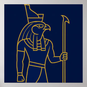 Horus Egyptian God Guld Line Art Blue Poster
