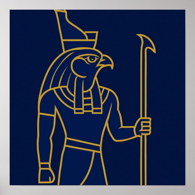Horus Egyptian God Guld Line Art Blue Poster (Framsidan)