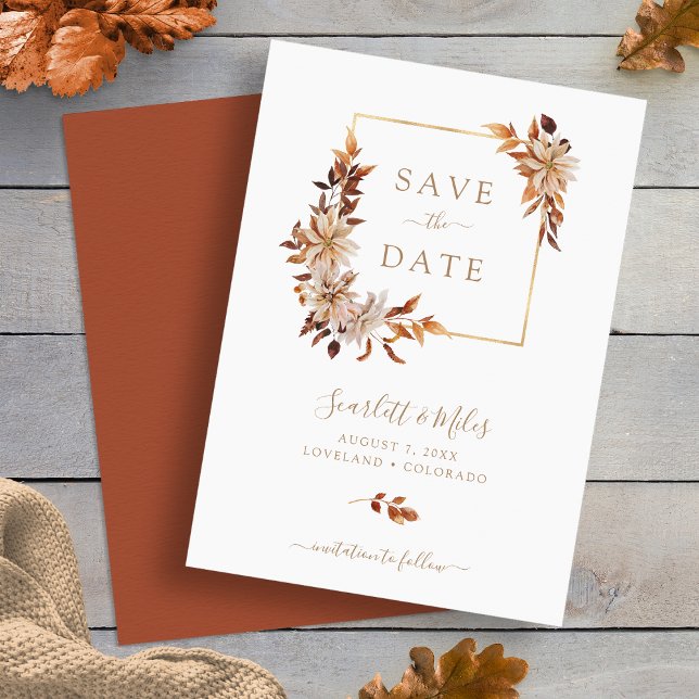 Höst Akvarell Blommig Fyrkantig Guldram Bröllop Spara Datumet (Fall Watercolor Floral Square Gold Frame Wedding Save The Date by Painted Paperie
)