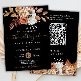 Höst akvarell blommor på svart QR-kod bröllop Inbjudningar