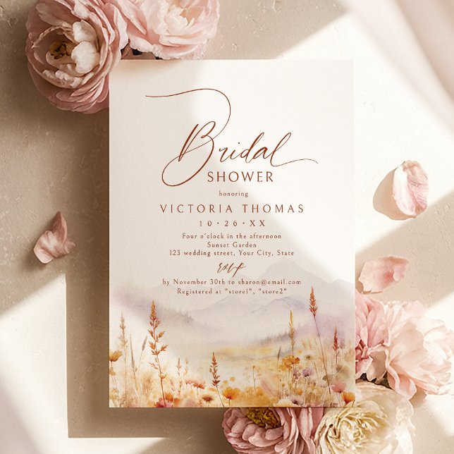 Höst Akvarell Vildblomma Berg Bröllopsdusch Inbjudningar (Fall Watercolor Wildflower Mountain Bridal Shower Invitation)