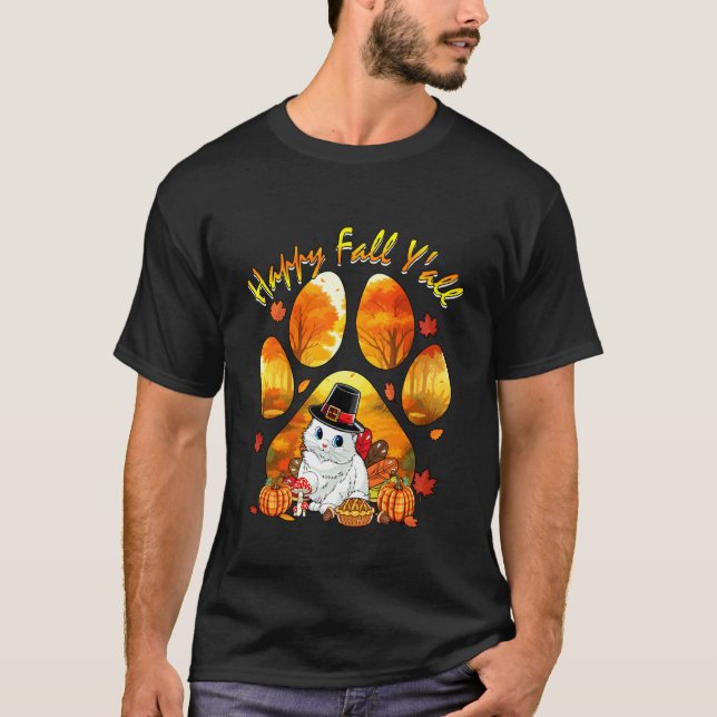 Höst Alla Tacksgiving Katt Som Kalkon Höst Träd Pi T Shirt (Framsida)