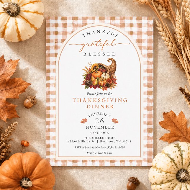 Höst Aquarell Överflöd Gingham Tackgivelse  Inbjudningar (Autumn Watercolor Cornucopia Gingham Thanksgiving Invitation)