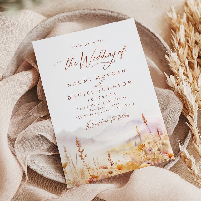 Höst Aquarell Vildblomma Berg Rustik Bröllop Inbjudningar (Fall Watercolor Wildflower Mountain Rustic Wedding Invitation)