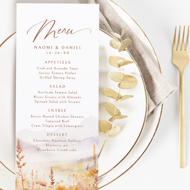 Höst Aquarell Vildblomma Berg Rustik Bröllop Meny (Fall Watercolor Wildflower Mountain Rustic Wedding Menu)