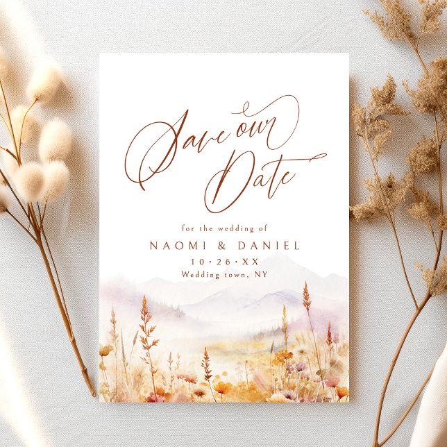 Höst Aquarell Vildblomma Berg Rustik Bröllop Spara Datumet (Fall Watercolor Wildflower Mountain Rustic Wedding Save The Date)