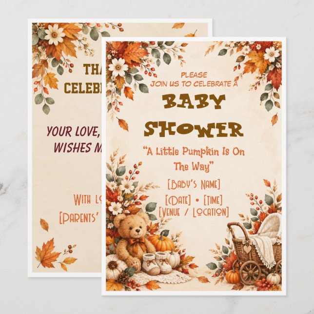 Höst Baby Shower Inbjudan Liten Pumpa (Fram/baksida)