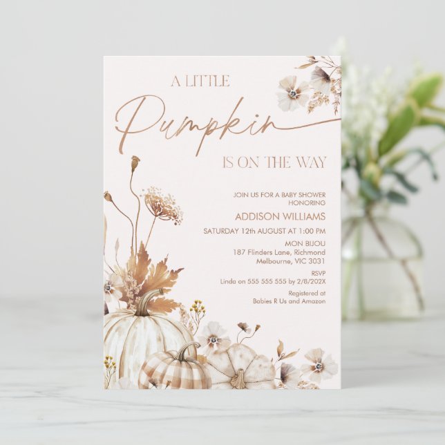 Höst Beige Brun Blommig Liten Pumpa Bebis Badrumsf Inbjudningar (Stående Fram)