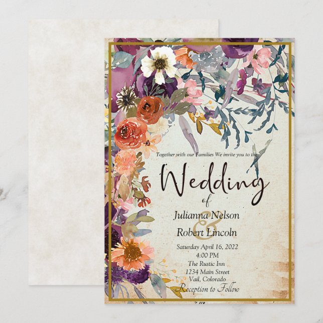 Höst blandad akvarell blomsterbröllop Inbjudan (Fram/baksida)