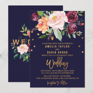 Höst Blommigt med typografi med backning Bröllop Inbjudningar