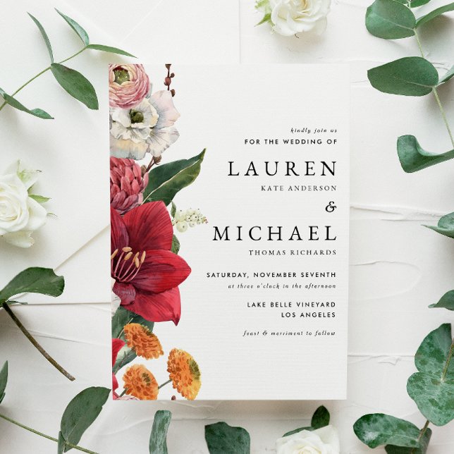 Höst Blommigtar med Red Amaryllis QR Code Bröllop Inbjudningar (Fall-inspired QR code wedding invitation with amaryllis, chrysanthemums, ranunculus, and lisanthus. )