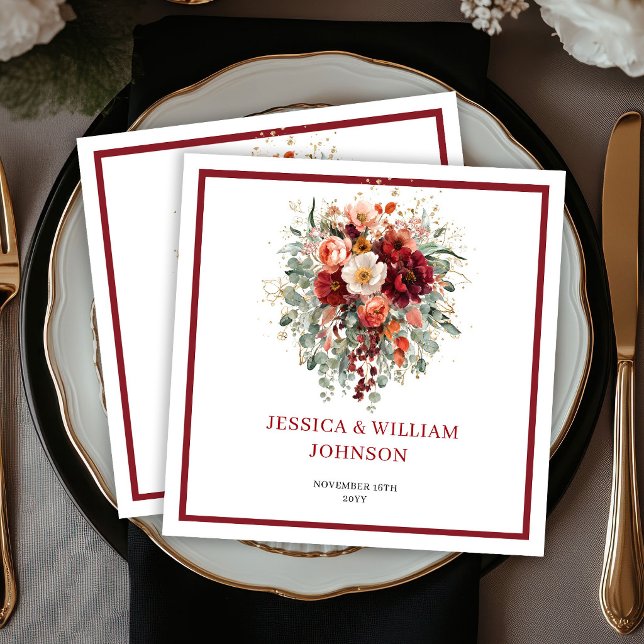Höst Bohemsk Burgund Blommor Grönska Bröllop Pappersservett (Autumn Bohemian Burgundy Flowers Greenery Wedding Napkins

)