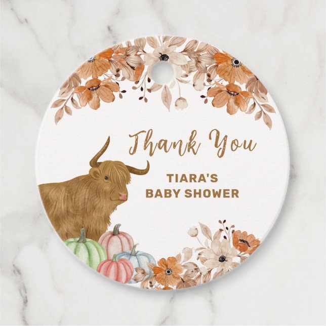 Höst Boho Blommig Highland Ko Bebis Shower Gåvor Etiketter (Framsida)