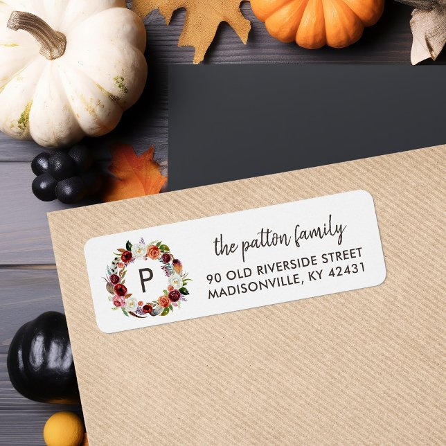 Höst Boho Blommor Krans Monogram Returadress Etikett (Skapare uppladdad)