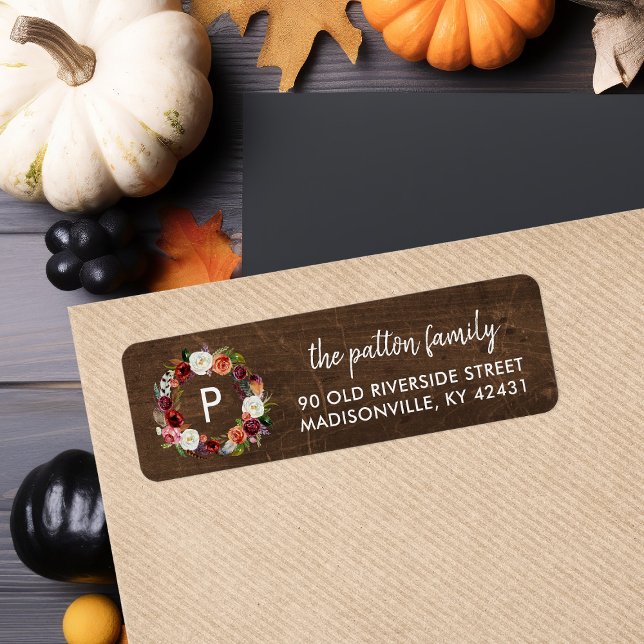 Höst Boho Blommor Krans Monogram Returadress Returadress Etikett (Skapare uppladdad)