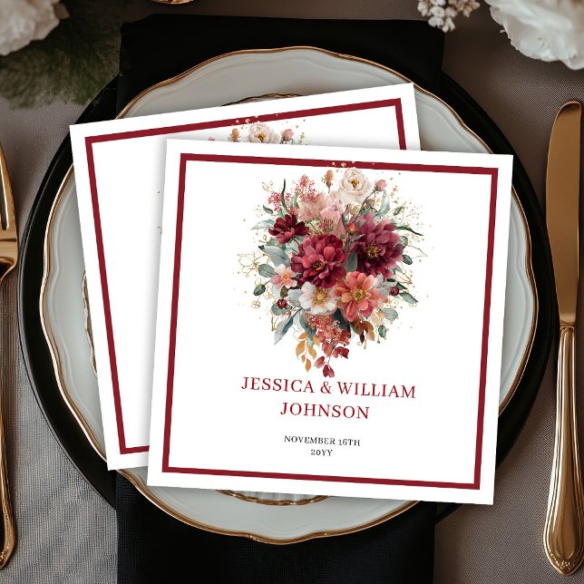 Höst Boho Burgunder Blommor Marsala Grönska Bröllo Pappersservett (Fall Boho Burgundy Flowers Marsala Greenery Wedding Napkins

)