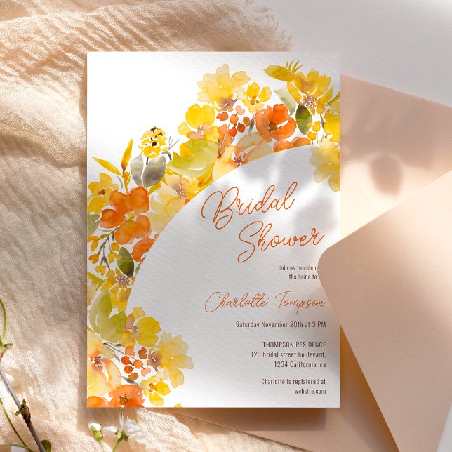 Höst boho gula blommor skript bröllopsdusch inbjudningar (Fall boho yellow flowers script bridal shower invitation)
