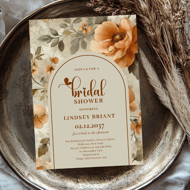 Höst Boho Koppar Blommor Bröllopsfest Inbjudan (Fall Boho Copper Flowers Bridal Shower Invitation)