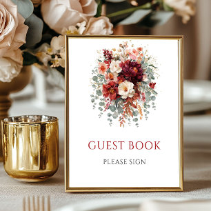 Höst Boho Marsala Blommig Gästbok Bordsskylt Poster