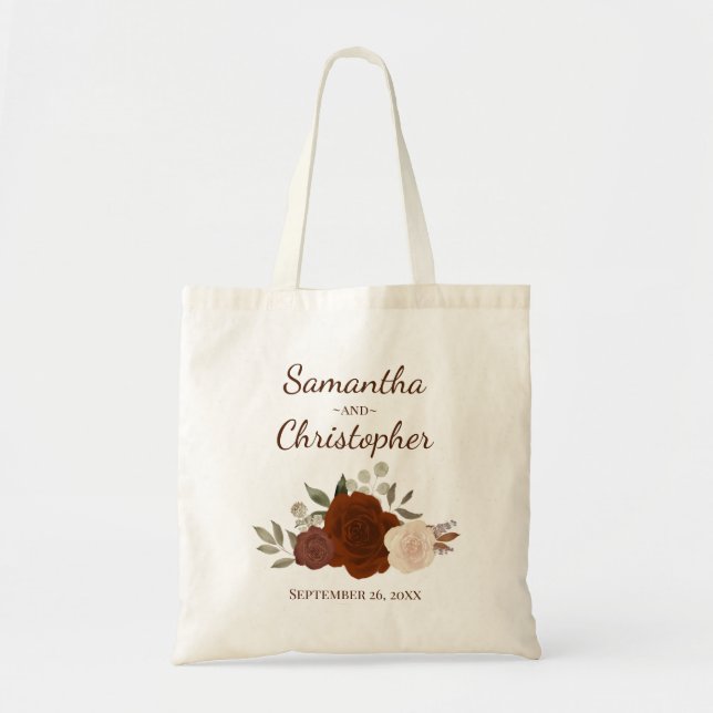 Höst Boho Rosor Eleganta Par Namn Bröllop Tygkasse (Framsidan)