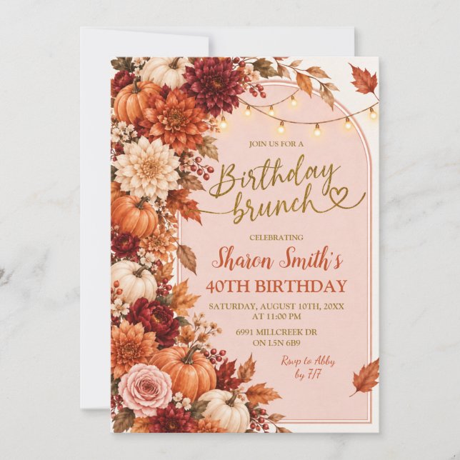 Höst Boho Rustik Födelsedagsbrunch-inbjudan Inbjudningar (Framsida)