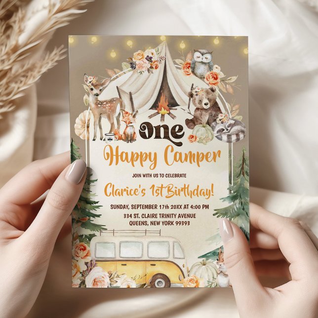 Höst Boho Skog Happy Camper Födelsedag Inbjudningar (Skapare uppladdad)