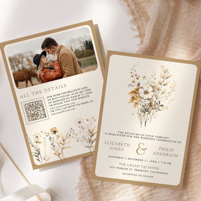 Höst Boho Vildblomma Foto QR-kod Bröllop Inbjudningar (Skapare uppladdad)