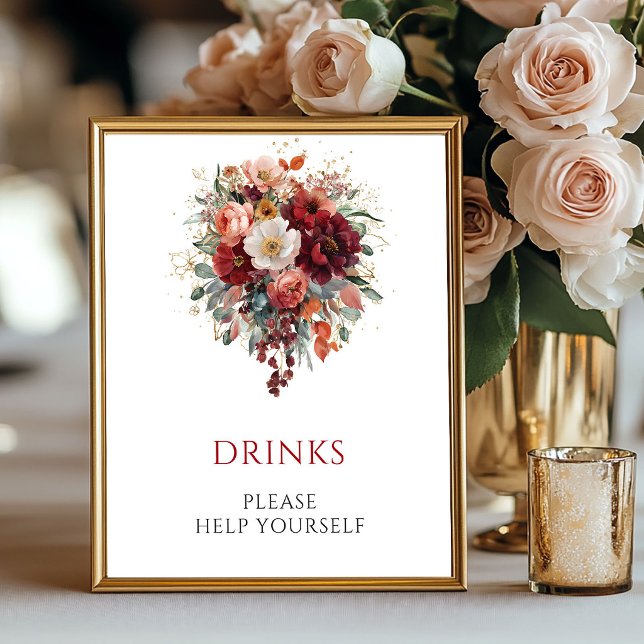 Höst Boho Vinröda Blommor Drycker 8x10 Skylt (Autumn Boho Maroon Flowers Drinks 8x10 Sign

)