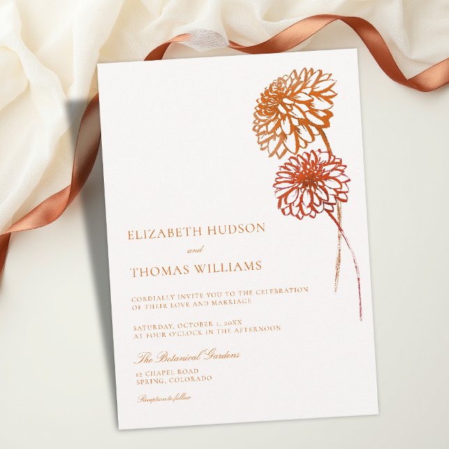 Höst Bränd Koppar Skiss Moderna Dahlior Bröllop Inbjudningar (fall wedding invitation dahlia floral burnt copper terracotta brown aesthetic template card modern)