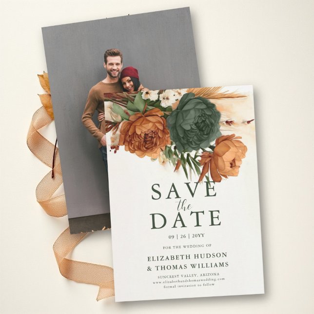 Höst Bränd Orange Rost Grön Boho Pampas Bröllop Spara Datumet (Burnt Orange Rust Green Boho Pampas Fall Wedding Save the Date Engagement Photo Elegant Romantic)