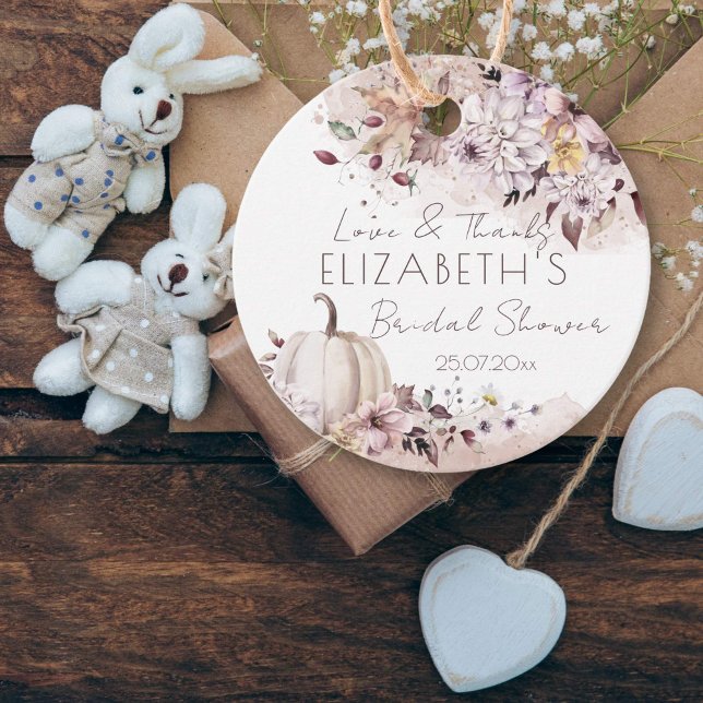 Höst bröllopsdusch lövverk pump tack för presenten gåvor etiketter (Fall pumpkin bridal shower favor gift tags autumn foliage pumpkin muted pastel colors thank you tags)
