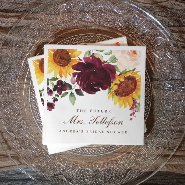Höst Bröllopsdusch Sunflower Roses Burgundervin Pappersservett (Fall bridal shower napkins with "The Future Mrs." and watercolor florals in rich autumn tones.)