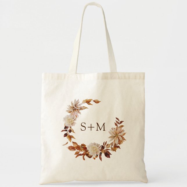 Höst Brud Groom Monogram Blad Krans Bröllop Tygkasse (Fall Bride Groom Monogram Leaves Wreath Wedding Tote Bag by Painted Paperie)
